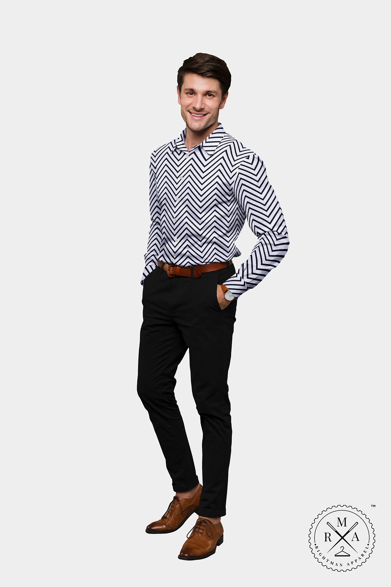 White Black Zigzag Cotton Shirt SH332